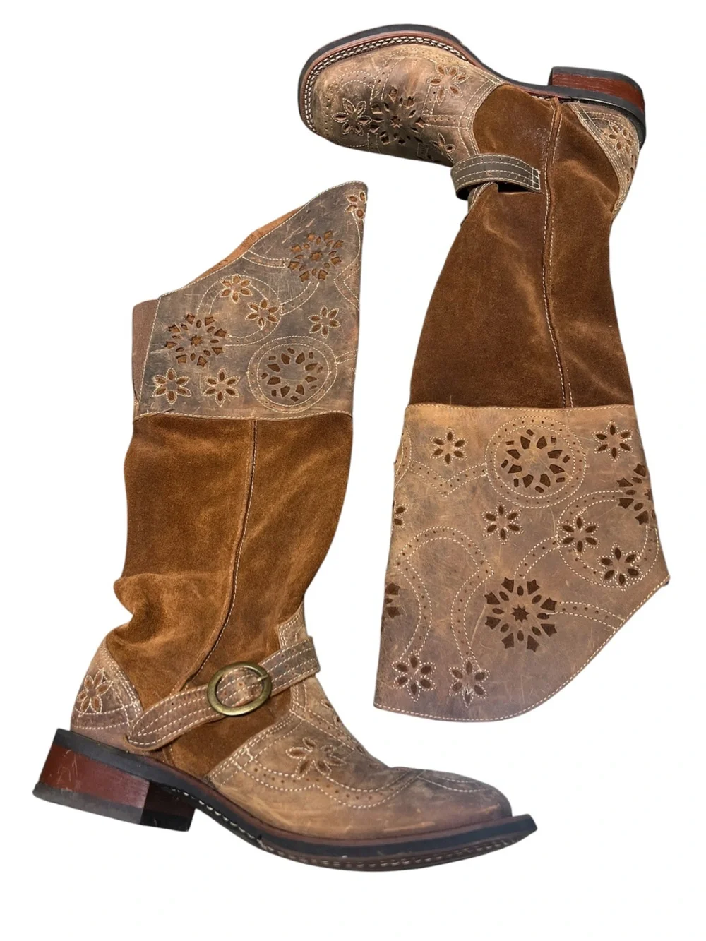Laredo Caught you lookin brown leather and suede floral square toe riding boots